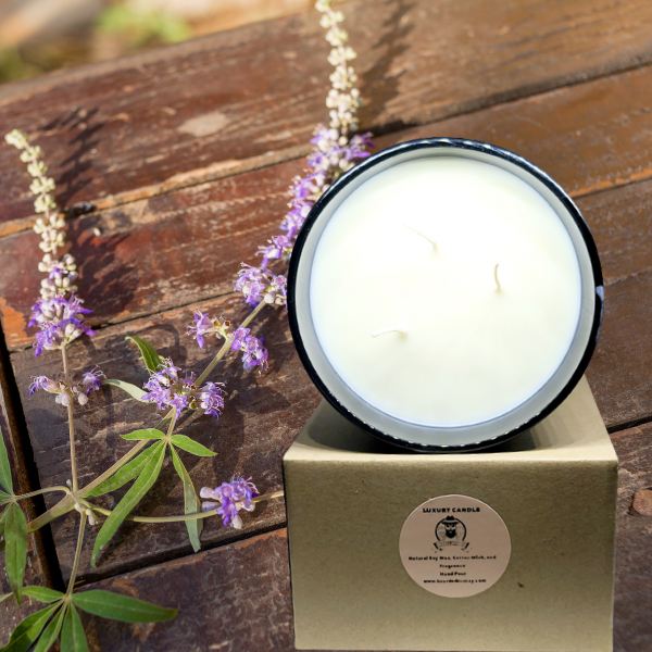 Lavender Woody large 3 wicks soy Candle in luxury black metallic tumbler has a very soothing lavender scent perfectly balanced by the subtle herbal smell of chamomile