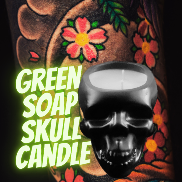 Green Soap Skull 2 wicks soy candle type in a black luxury skull. This candle has fresh, clean, aldehydic, and lavender top notes boosted by green pine middle notes and floral nuances finished off with earthy bottom notes