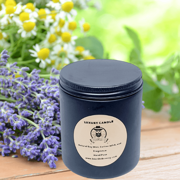 Lavender & Chamomile soy wax candle in a black metallic glass jar with a  lid. The candle has a very soothing lavender scent perfectly balanced